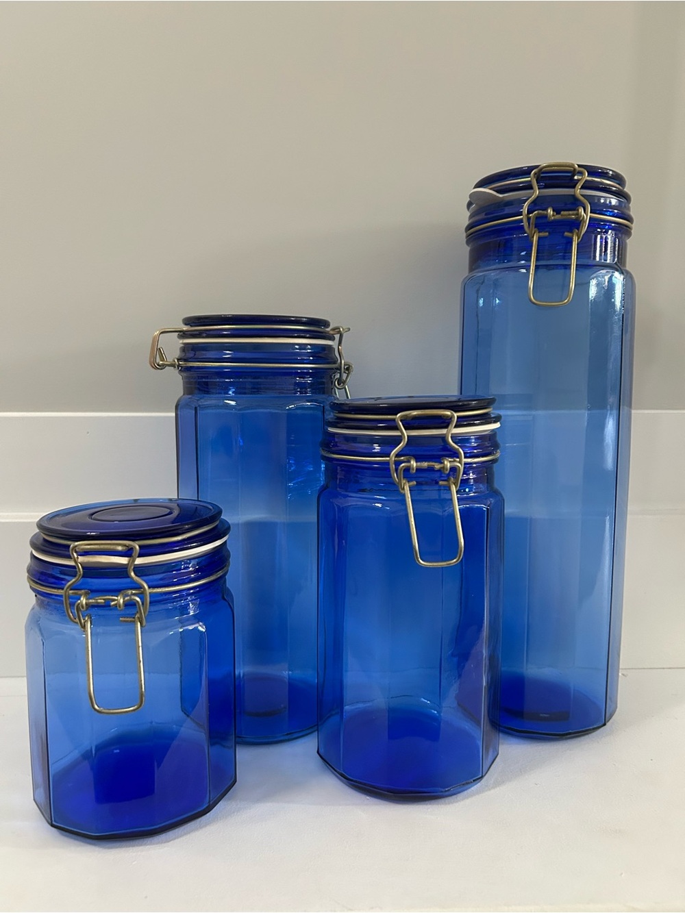 Blue Glass Storage Jars with Airtight Clamp Lids - Set of 4